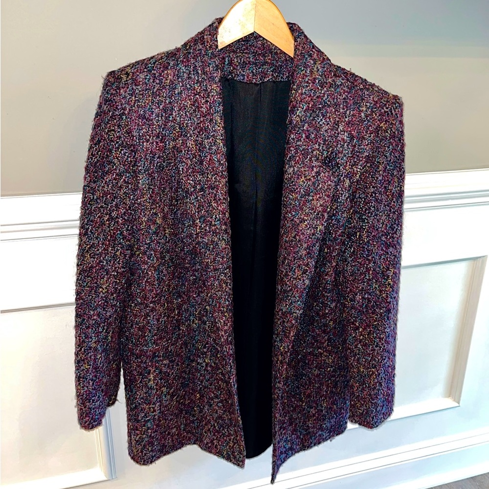VINTAGE 80s Wool Blend Tweed Blazer Mohair Purple Blue Lined Jacket Size 8 USA